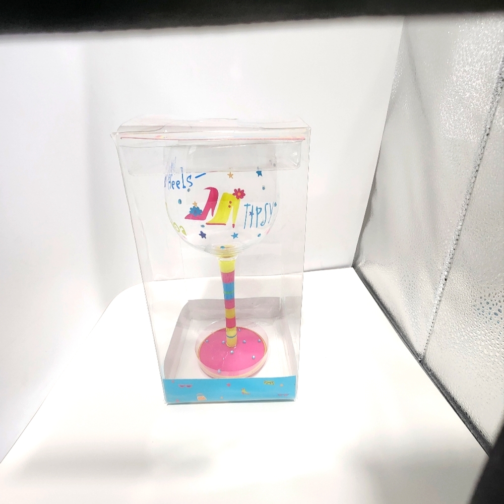 Dei Hand Painted Wine Glass TIPSY wine and heels GIRLS GOTTA SHOP NIB